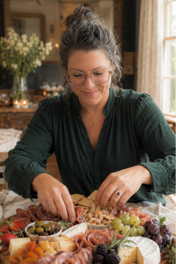 Stacy arranging a grazing table with cheeses, fruits, and cured meats