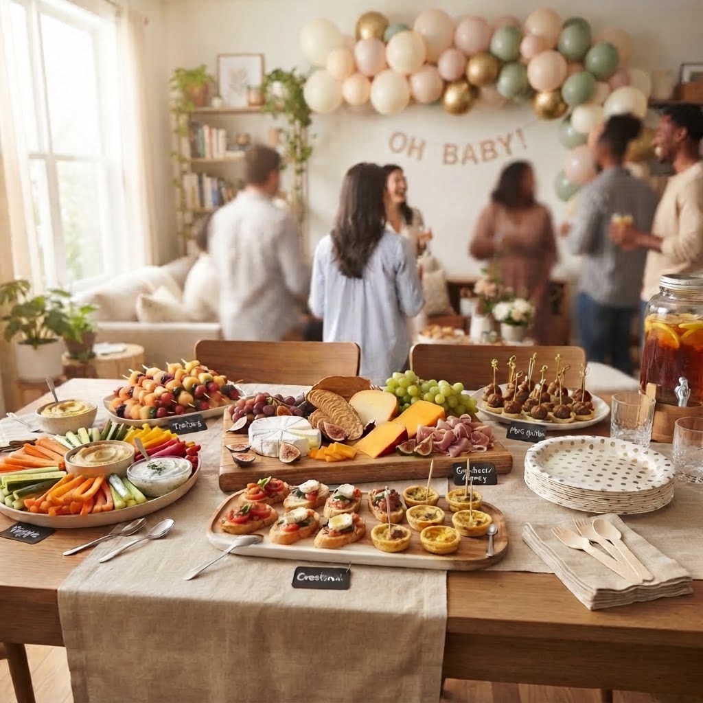 A curated event spread in sharp focus, with people deeply blurred in the far background