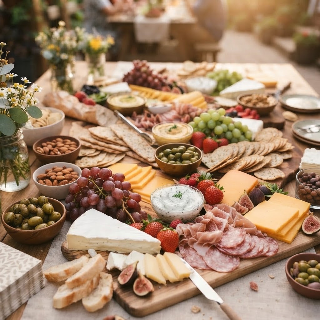 An abundant grazing table in sharp focus, with people deeply blurred in the far background