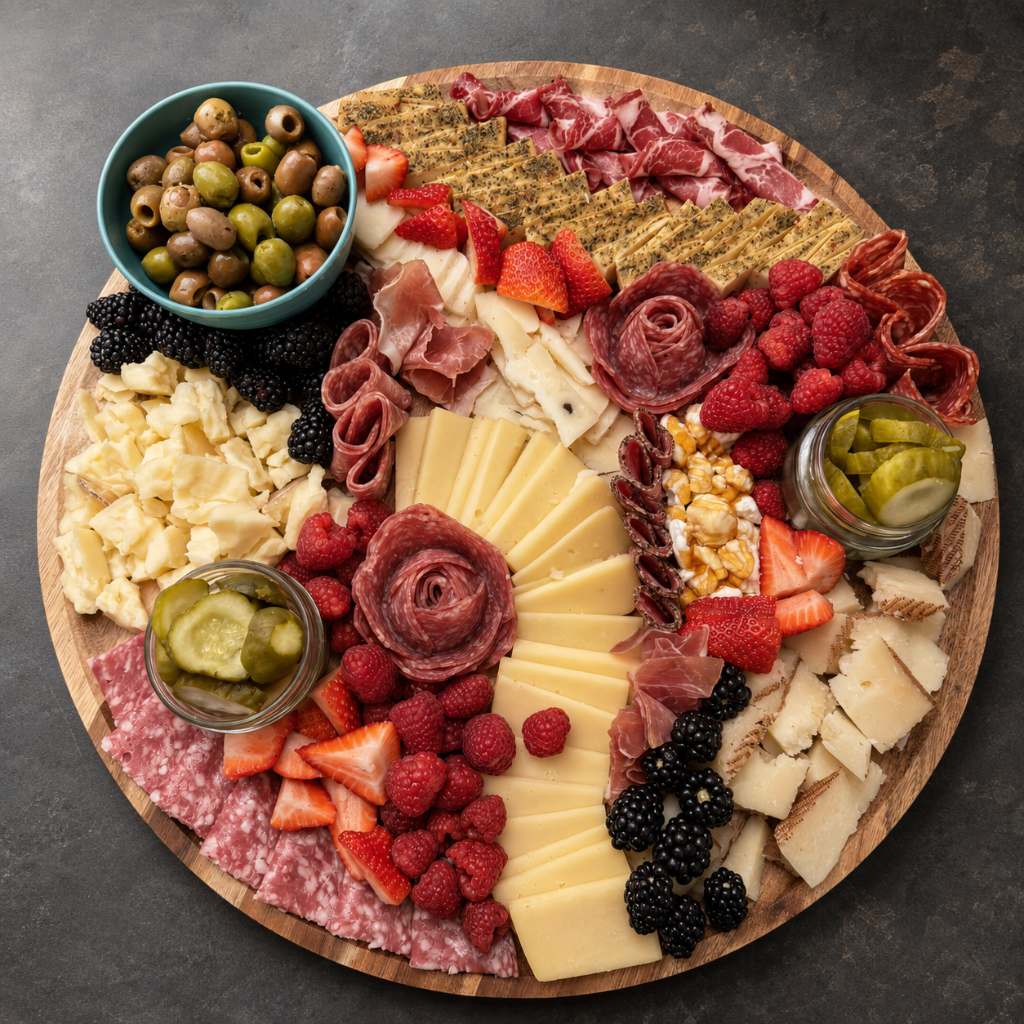 A round grazing board with cheese, salami roses, berries, olives, and pickles