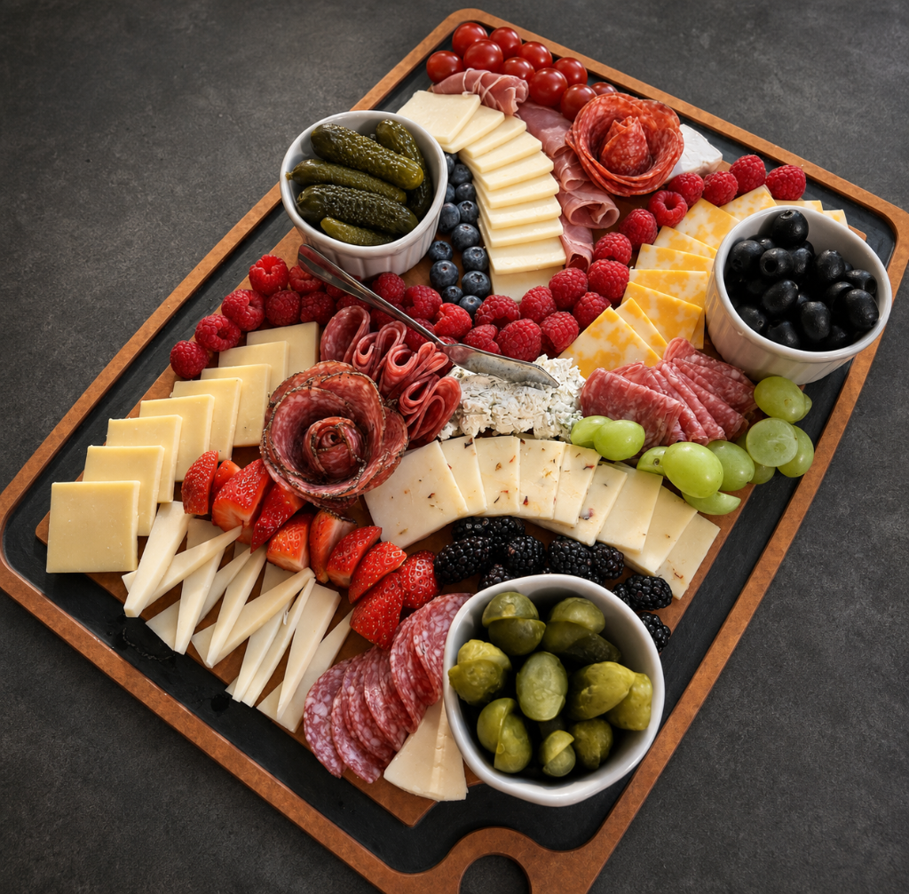 A rectangular grazing board with cheeses, cured meats, berries, and olives