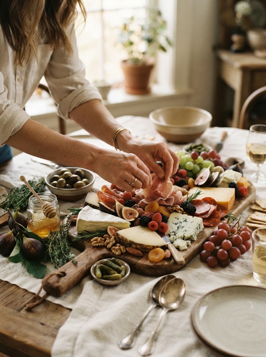 Hands arranging cheeses and cured meats on a wooden grazing board surrounded by fresh ingredients