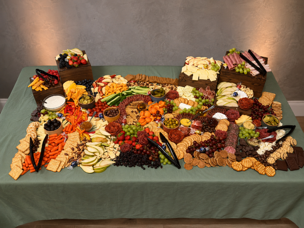 A full grazing table with crates of fruit, crackers, cheeses, and chocolate for a large gathering