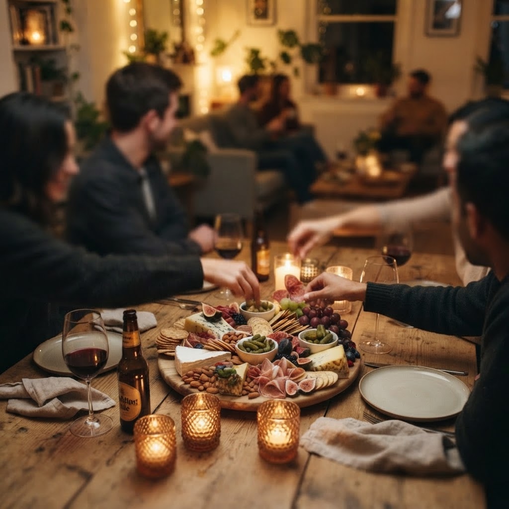 A warm Saturday-night gathering with friends around an abundant grazing board, wine glasses and candlelight, with faces softly blurred