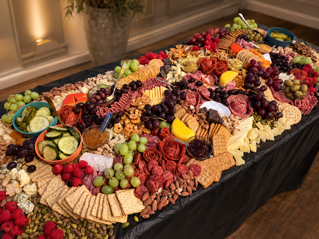 A long grazing table with cured meats, cheeses, olives, nuts, and fresh berries