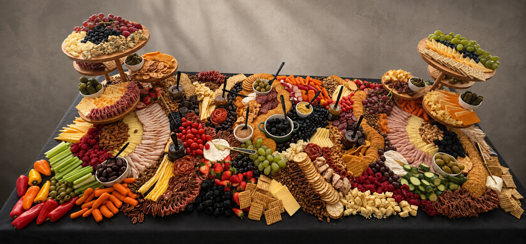 An abundant tiered grazing table spread with cured meats, cheeses, and fresh produce