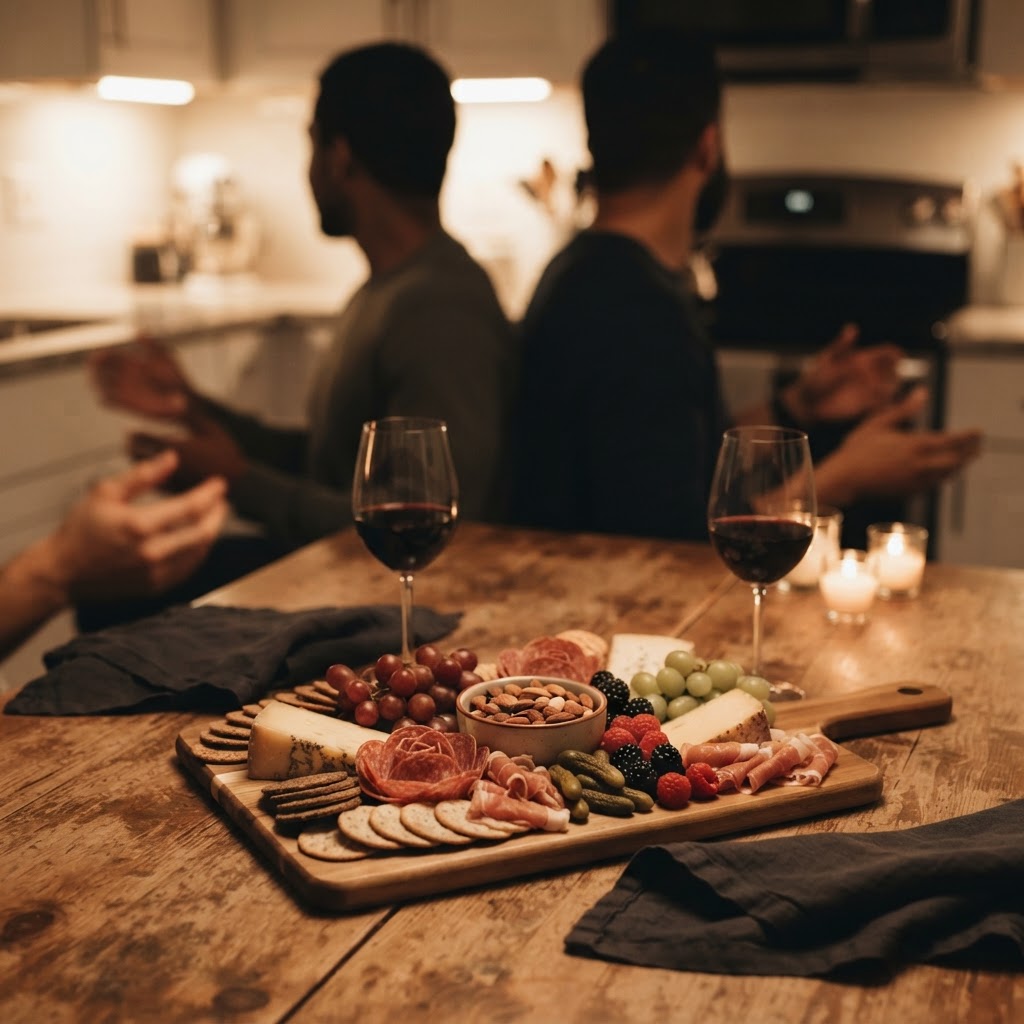 A cozy intimate charcuterie board on a warm wooden kitchen table, with diverse friends blurred in the background